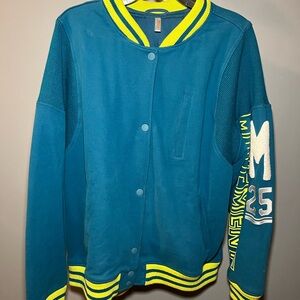 Free People Movement Post Up Graphic Sweat Jacket Teal Blue & Neon Yellow Trim